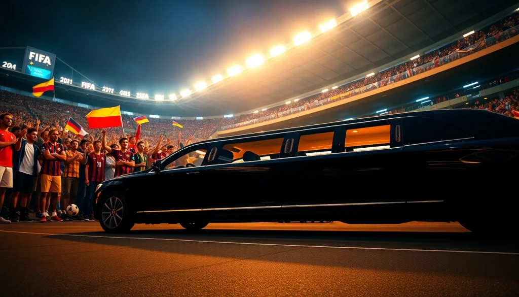 World Cup Group Transportation in a luxury limousine outside a stadium with excited fans.