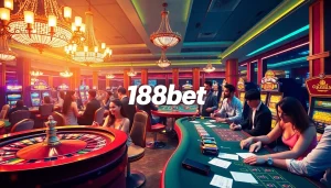 Players engaged in a thrilling casino experience at 188bet, complete with roulette, poker, and vibrant slot machines.