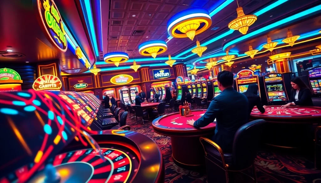 A dynamic casino scene showcasing thrilling gambling activities with nhà cái okfun branding prominently displayed.