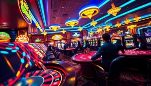 A dynamic casino scene showcasing thrilling gambling activities with nhà cái okfun branding prominently displayed.