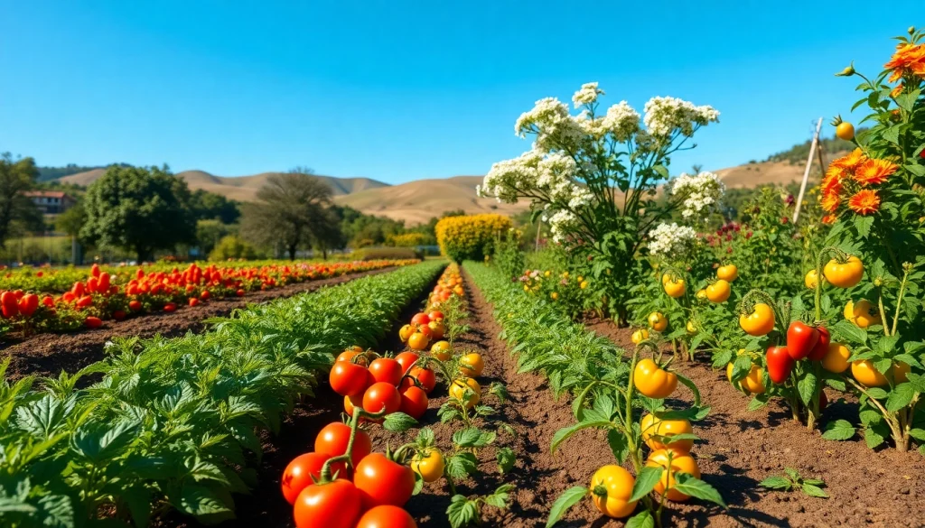 Gardening vibrant vegetable garden showcasing colorful plants and serene atmosphere.