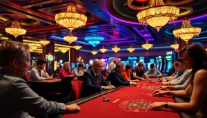 Engage in the thrilling casino atmosphere at https://casinodeets.com with players around vibrant gaming tables.