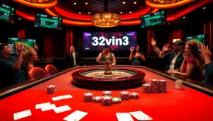 Exciting casino scene highlighting 32vin32 with poker tables, roulette wheels, and vibrant players.