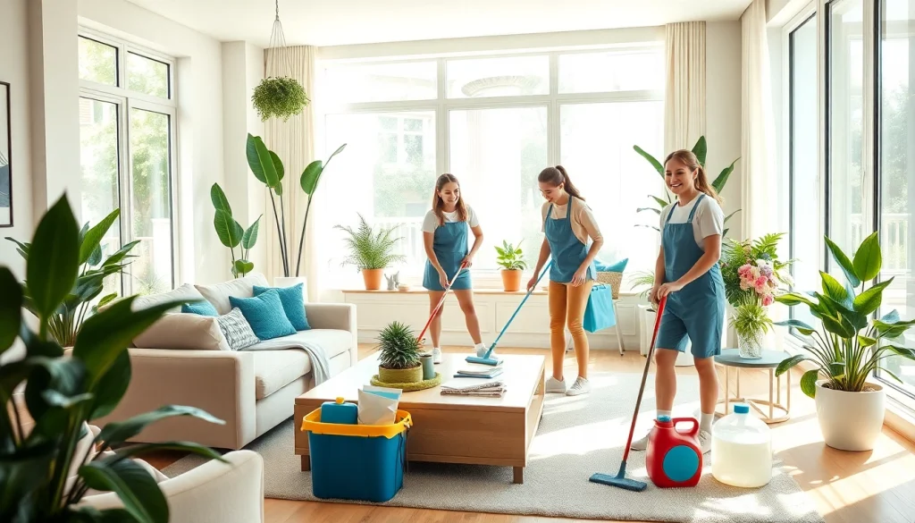 Engaged cleaning service team delivering quality in a pristine living room.