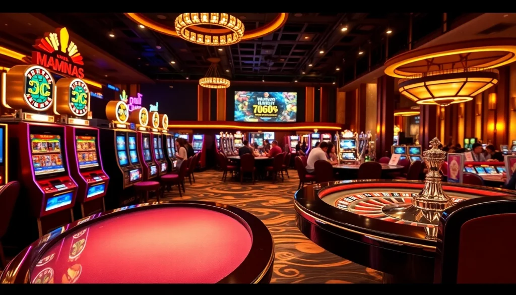Action-packed gaming scene at MM88 casino with slot machines and poker tables.