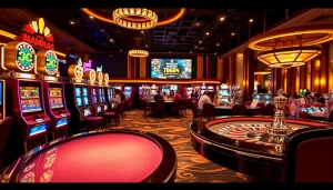 Action-packed gaming scene at MM88 casino with slot machines and poker tables.