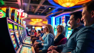 Mainkan petanitoto dengan suasana kasino yang meriah dan mesin slot berwarna-warni.