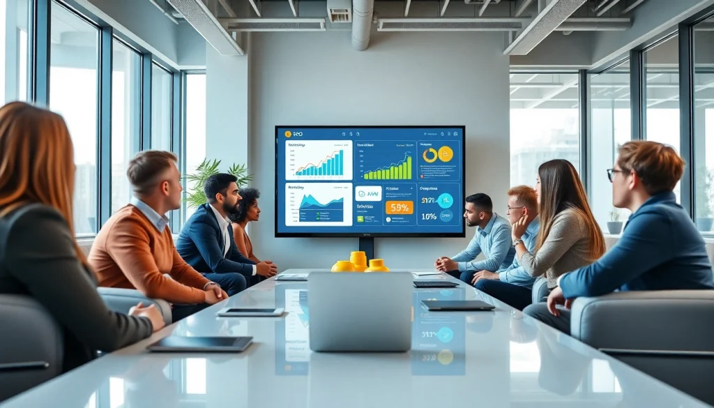 Discussing SEO strategies in a modern office setting with diverse professionals.