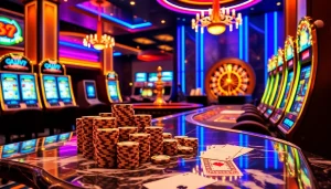 Engaging scene depicting players enjoying 온라인슬롯 on luxurious slot machines at a vibrant casino.