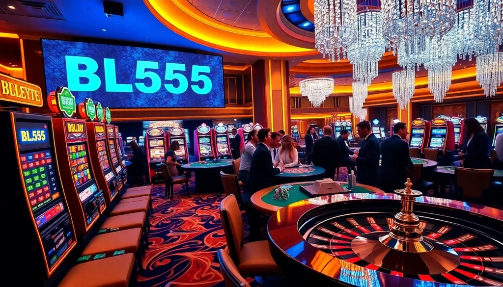 Engaging scene of luxury gambling activities at BL555 casino with vibrant slot machines and poker tables.