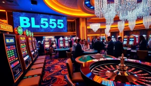 Engaging scene of luxury gambling activities at BL555 casino with vibrant slot machines and poker tables.