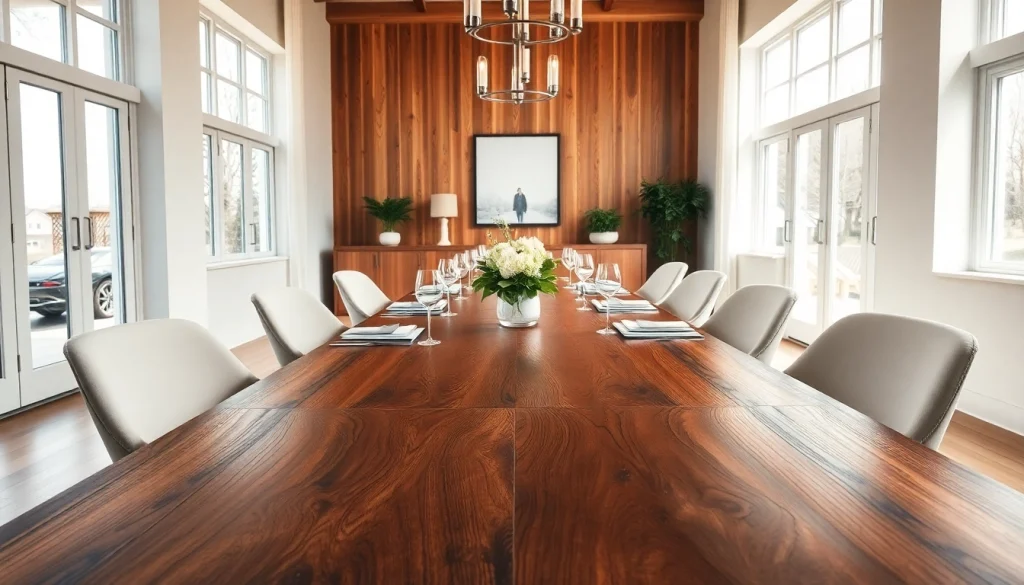 Admire a beautifully crafted Custom dining table set in an elegant and inviting dining room atmosphere.