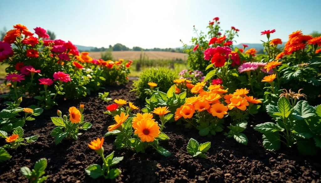 Gardening scene with vibrant flowers and vegetables arranged beautifully in a lush garden.
