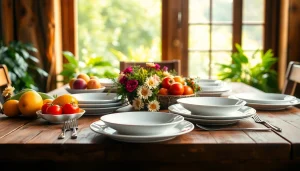 Showcase of compostable plates on a wooden table adorned with fruits and eco-friendly utensils.
