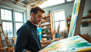 Artist painting with vibrant acrylics at https://acrylicpedia.com in a sunny studio.