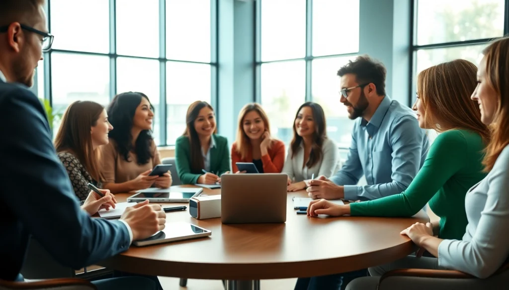 Engaged business professionals collaborating in a modern office setting.