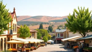 A vibrant farmer's market scene in Clarksburg CA showcasing local produce and a picturesque town backdrop.