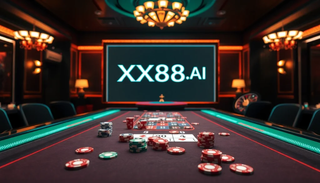 Experience the thrill of gambling at XX88.AI with a vibrant casino scene featuring poker and roulette.