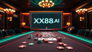 Experience the thrill of gambling at XX88.AI with a vibrant casino scene featuring poker and roulette.