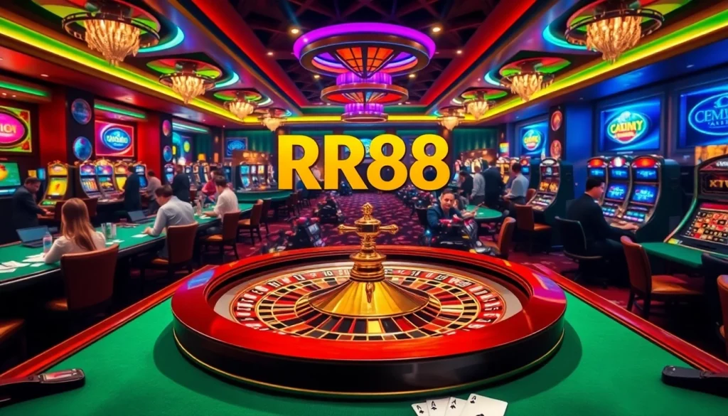 Experience the excitement of RR88 with vibrant casino elements like roulette wheels and poker chips.