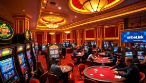 An engaging scene of gamblers playing at a luxury casino featuring dynamic tables, diverse players, and sinbet.ink promotions.