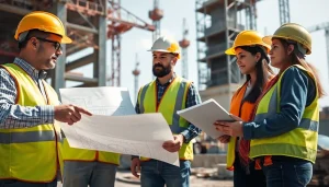 Workers discussing blueprints for careers in construction at an active job site.