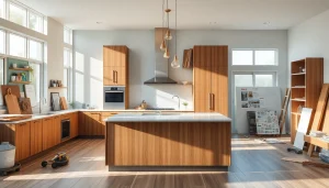 Showcase home renovation process with a modern kitchen transformation featuring tools and materials.