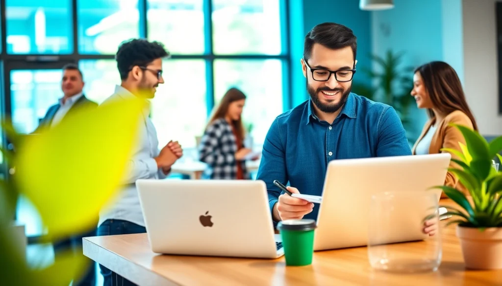 Engaging scene of a diverse team discussing Business strategies in a modern coworking space.
