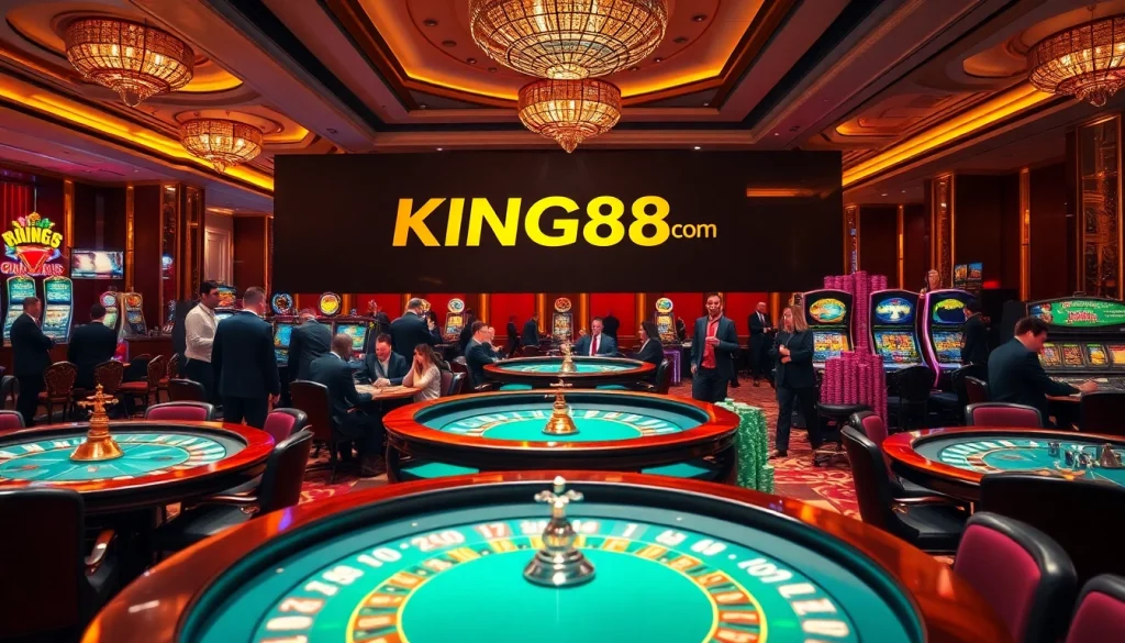 Engaging players experiencing excitement at KING88. com casino with vibrant tables and slot machines.