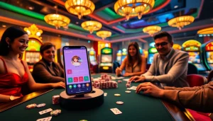 Engaging gamblers experiencing exciting gameplay with the okbay tải app in a luxury casino setting.