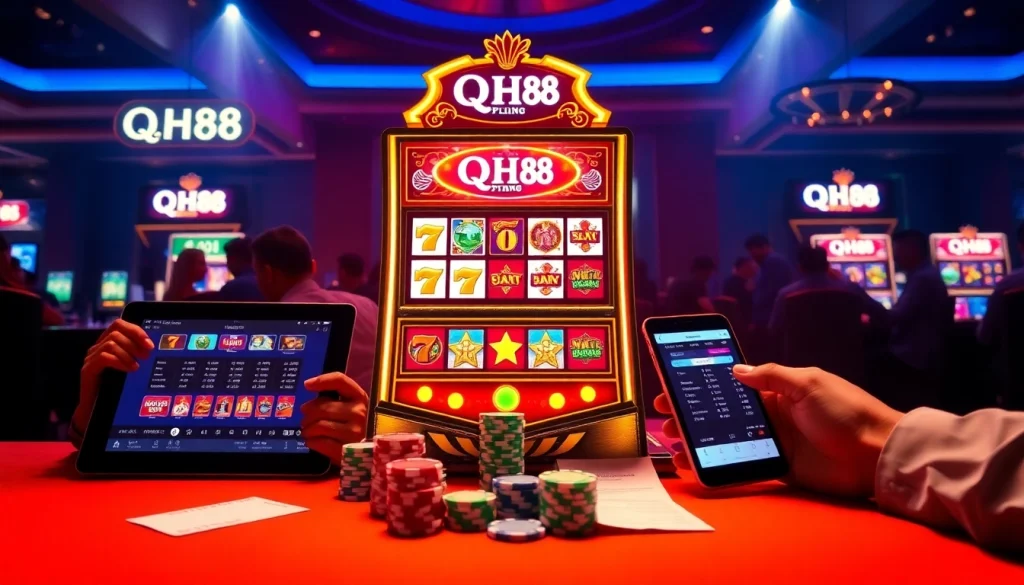 Engaging gamblers enjoy Nổ Hũ QH88 with vibrant slot machines and thrilling betting ambiance.