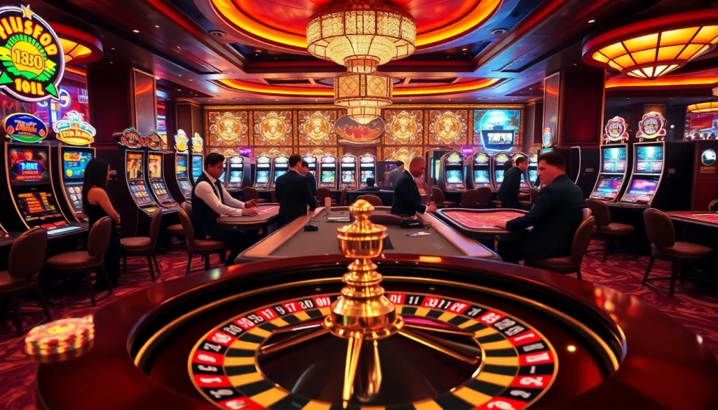 Players enjoying ib88-themed gaming experiences at a vibrant casino scene filled with excitement.