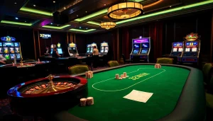 32WIN brand poker table with colorful chips and a roulette wheel in an elegant casino setting.