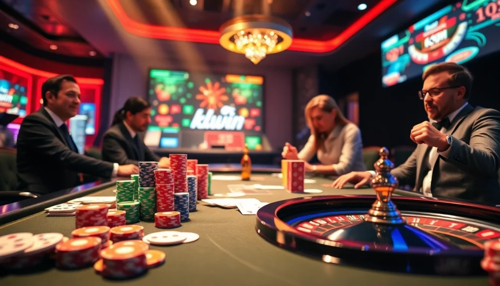 Engaging gamblers at KKWIN's exciting casino table with vibrant poker chips and cards.
