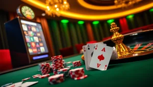 Experience the excitement of online gambling at 888b.com with a luxury casino scene filled with cards and chips.