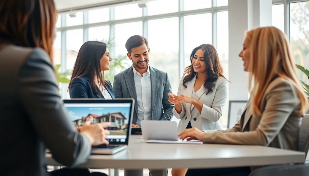 Real Estate agents consulting clients in a modern office with engaging atmosphere.