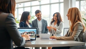 Real Estate agents consulting clients in a modern office with engaging atmosphere.