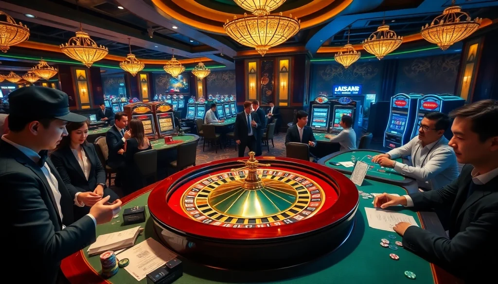 Gambling scene showcasing Nhà Cái Uy Tín with poker chips, roulette wheel, and vibrant players.
