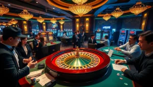 Gambling scene showcasing Nhà Cái Uy Tín with poker chips, roulette wheel, and vibrant players.