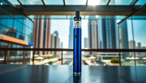 Promote the Rifbar Mixpro Dubai disposable vape showcasing its sleek design against Dubai's skyline.