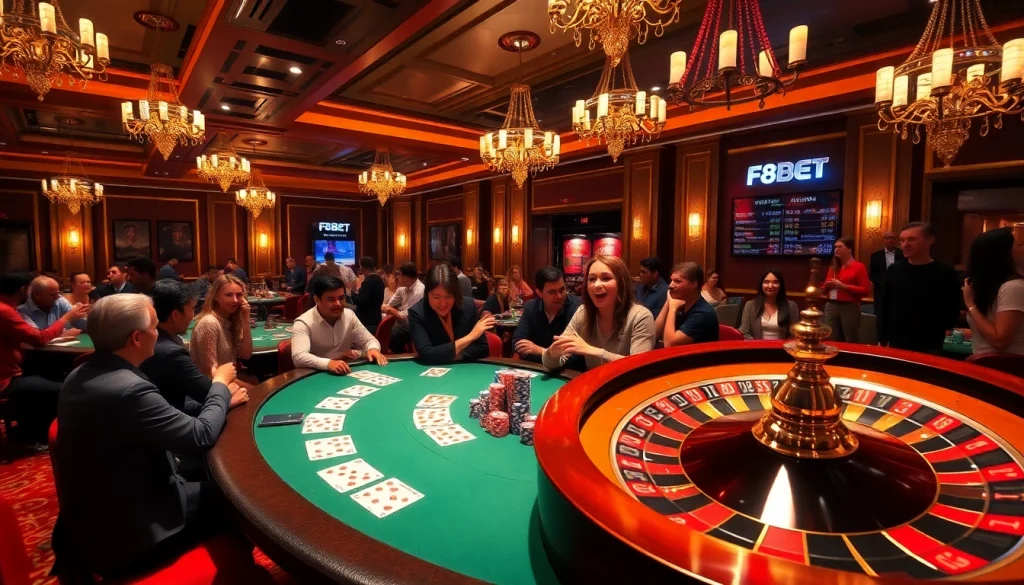 Experience thrilling gameplay at F8BET casino featuring poker chips and a roulette table under luxurious lighting.
