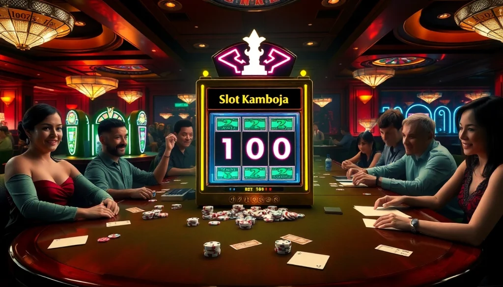 Excited players engage with the slot kamboja bet 100 machine in a vibrant casino setting, surrounded by gambling elements.
