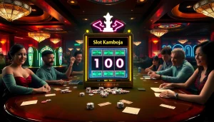 Excited players engage with the slot kamboja bet 100 machine in a vibrant casino setting, surrounded by gambling elements.