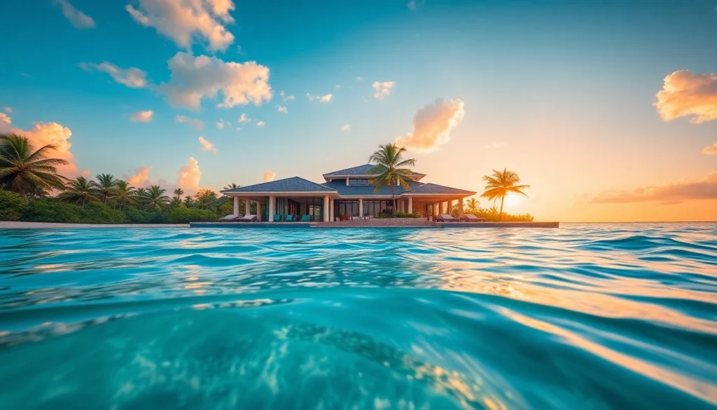 Property Belize villa with infinity pool overlooking the Caribbean Sea during sunset