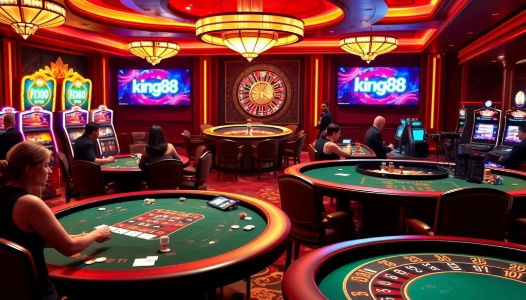 Experience the thrill of online gambling at king88.com with vibrant casino tables and slot machines.