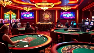 Experience the thrill of online gambling at king88.com with vibrant casino tables and slot machines.