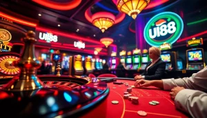Players enjoying poker and roulette at a luxurious casino featuring UU88 branding.