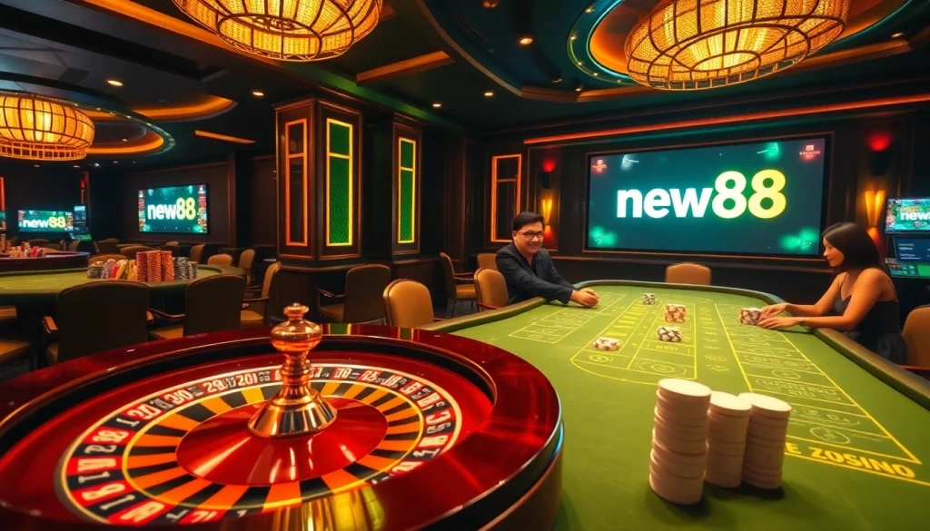 Winning big at New88 đăng nhập in a vibrant casino atmosphere with poker chips and roulette.