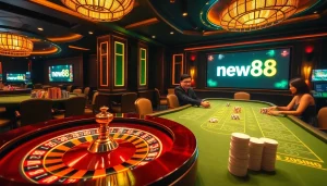 Winning big at New88 đăng nhập in a vibrant casino atmosphere with poker chips and roulette.