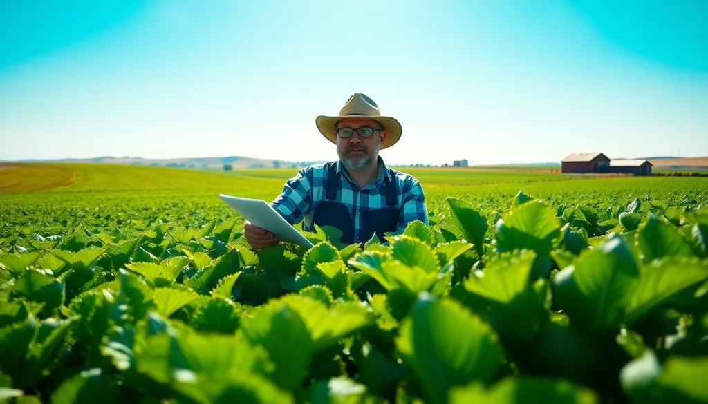 Farmer analyzing crops under a bright sky, representing agricultural law and its importance.